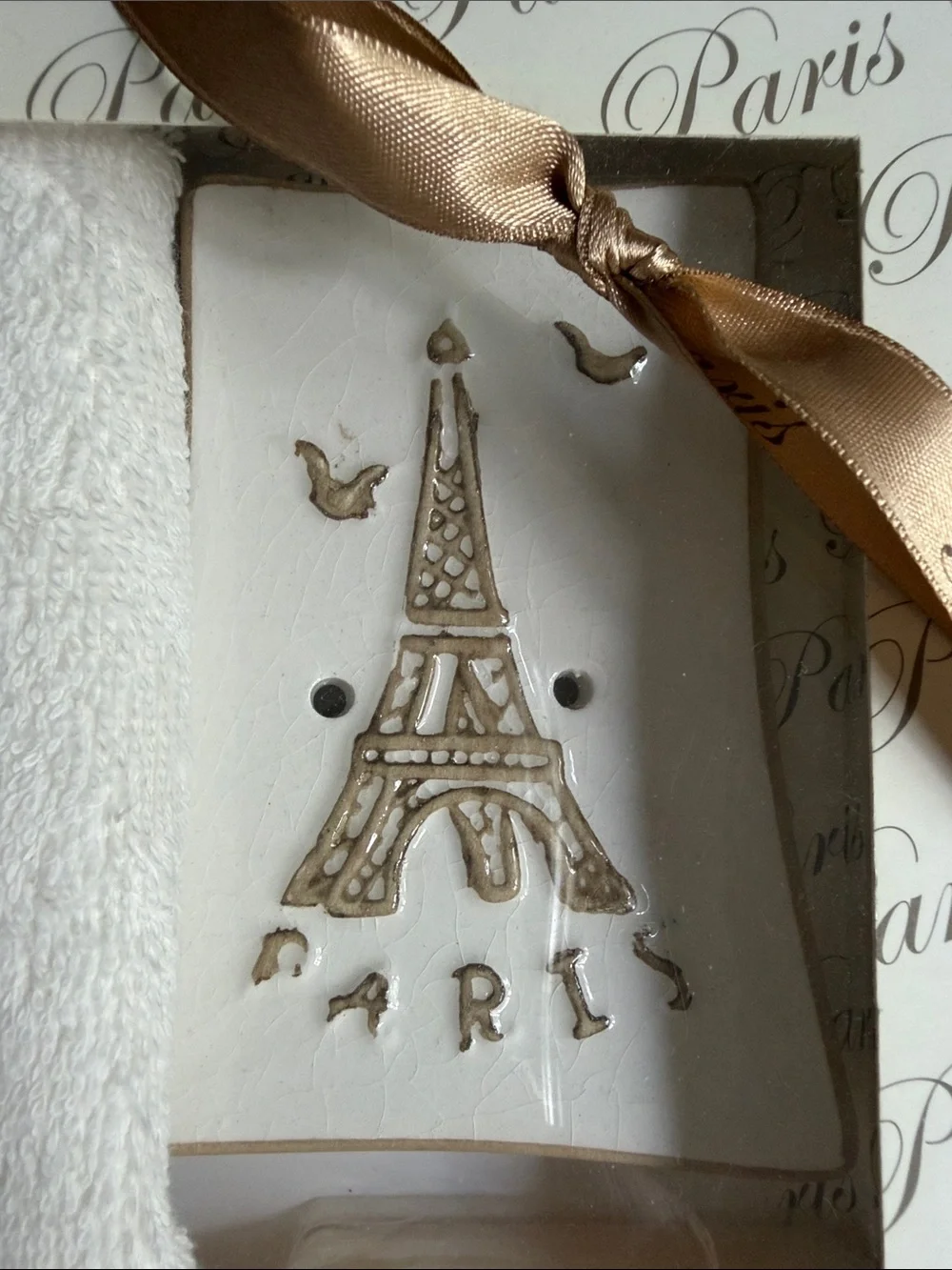 NIB Coton Blanc Paris Eiffel Tower Guest Towel, Soap Dish & Soap Gift Set – Made